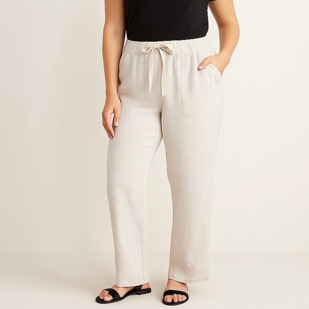 Caslon Size L Women's Drawstring Wide Leg Linen Blend Pants Flax Summer Comfort